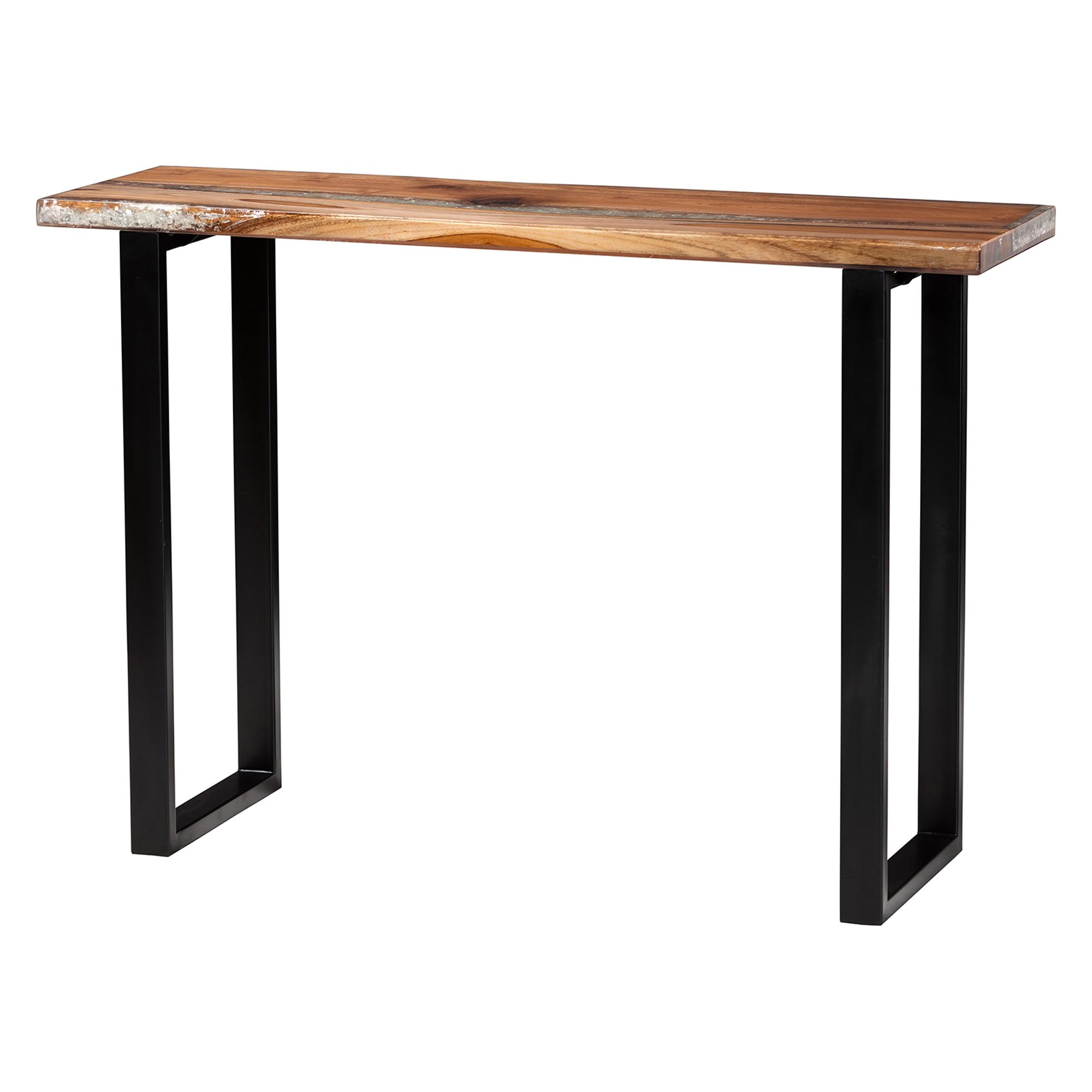 bali & pari Apio Wood Epoxy Resin Console Table with Glass Inlay - Rectangular Live Edge Teak Wood Accent Table with Black Metal Base, Modern Rustic Furniture for Living Room or Entryway Affordable modern furniture in Chicago, classic living room furniture, modern console table, cheap console table